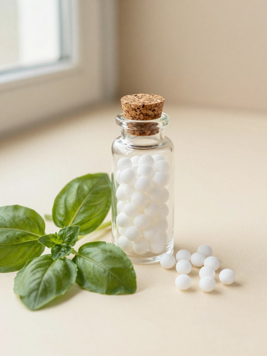 Homeopathic remedy bottle with white globules and fresh basil leaves